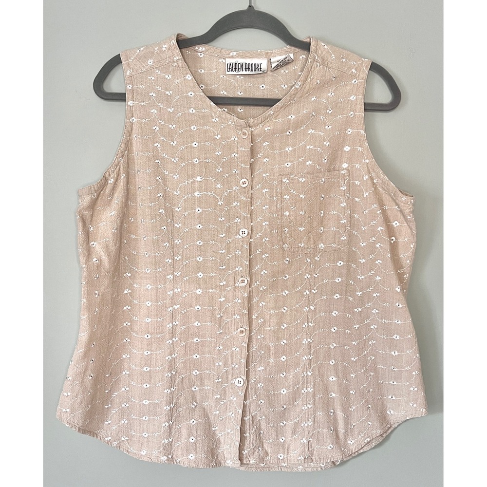 Vintage 90s Cotton Floral Embroidered Sleeveless Button Up Tank Top Tan Large - Picture 2 of 6